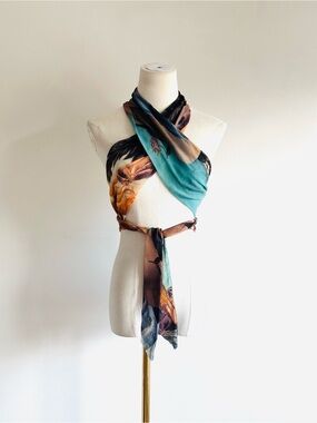 Rare Jean Paul Gaultier Teal, Brown & Cream Printed Wrap Scarf Top xxs